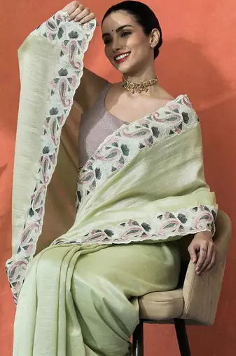 Lime embellished embroidered saree with unstitched blouse