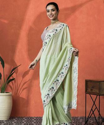 Lime embellished embroidered saree with unstitched blouse 3
