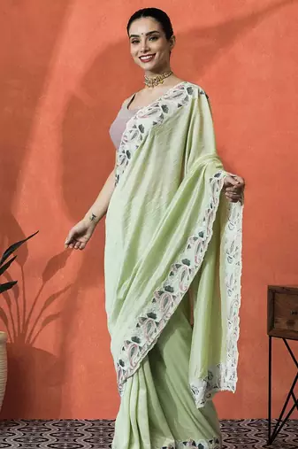 Lime embellished embroidered saree with unstitched blouse