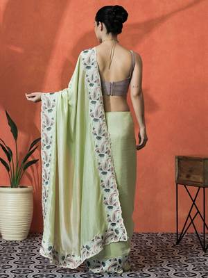 Lime embellished embroidered saree with unstitched blouse 4