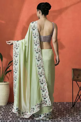 Lime embellished embroidered saree with unstitched blouse