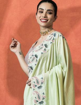 Lime embellished embroidered saree with unstitched blouse 5