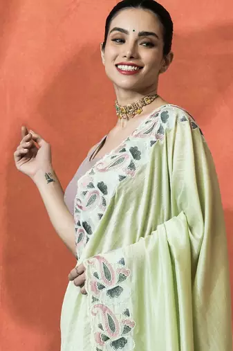 Lime embellished embroidered saree with unstitched blouse