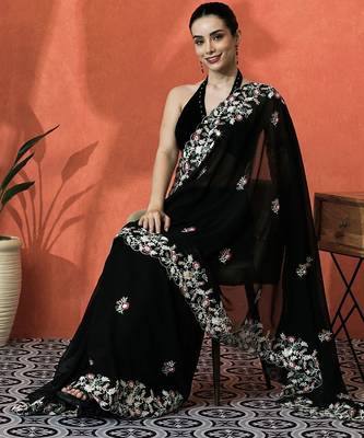 Black floral embroidered saree with blouse piece 1