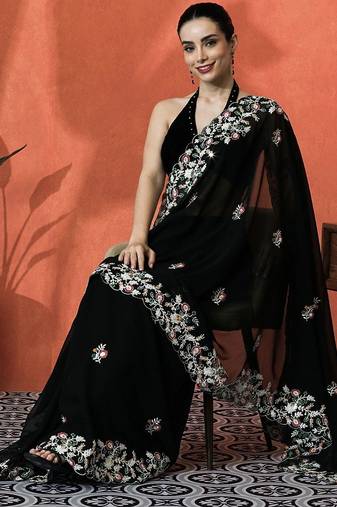 Black floral embroidered saree with blouse piece