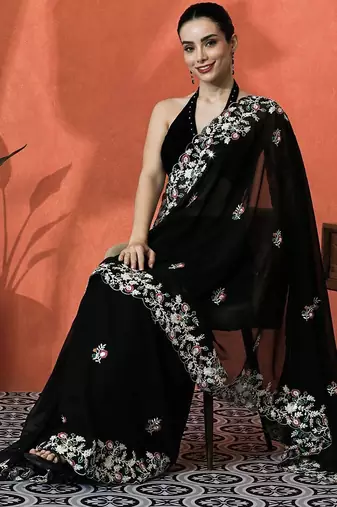 Black floral embroidered saree with blouse piece