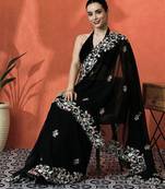 Black floral embroidered saree with blouse piece