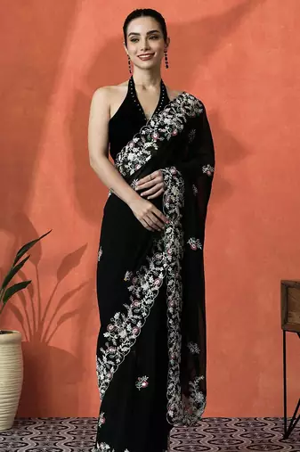 Black floral embroidered saree with blouse piece