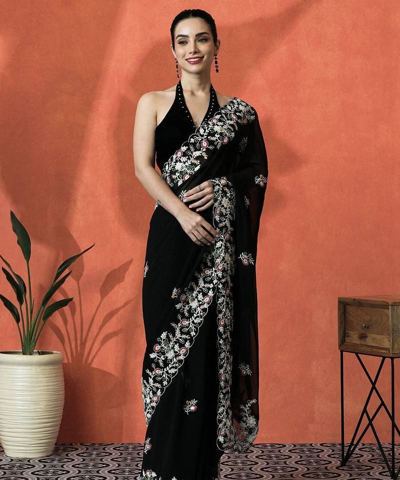 Black floral embroidered saree with blouse piece