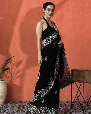 Black floral embroidered saree with blouse piece 3