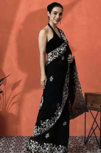Black floral embroidered saree with blouse piece
