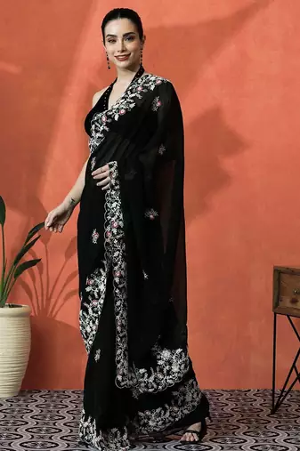 Black floral embroidered saree with blouse piece