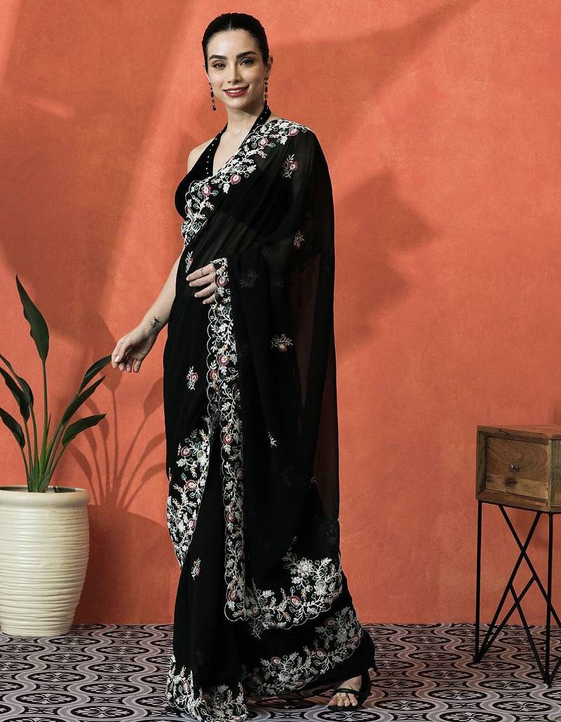 Black floral embroidered saree with blouse piece