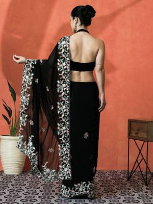 Black floral embroidered saree with blouse piece 5