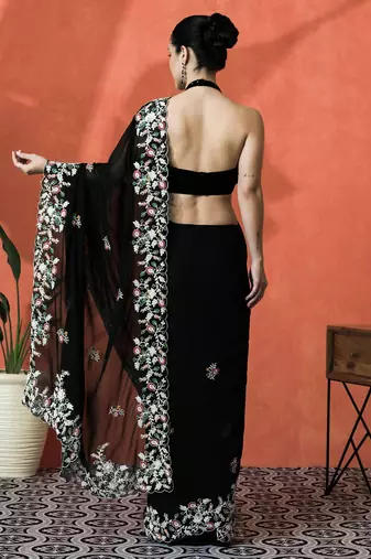 Black floral embroidered saree with blouse piece