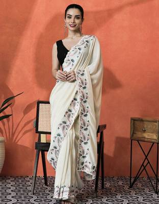 Cream embroidered saree with blouse piece 1