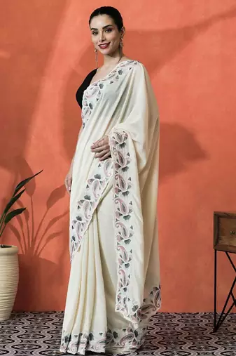 Cream embroidered saree with blouse piece
