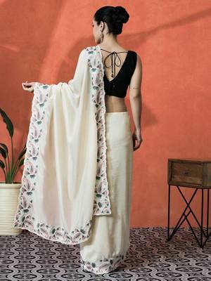 Cream embroidered saree with blouse piece 4