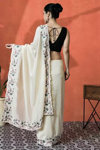 Cream embroidered saree with blouse piece