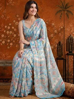 Blue floral mirror work satin saree 1