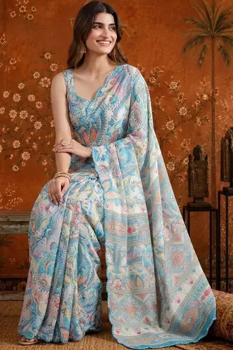 Blue floral mirror work satin saree