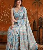 Blue floral mirror work satin saree