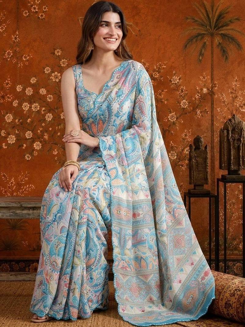 Blue floral mirror work satin saree