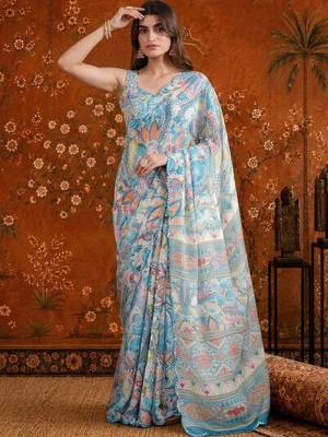Blue floral mirror work satin saree 2