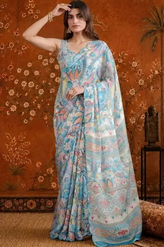 Blue floral mirror work satin saree