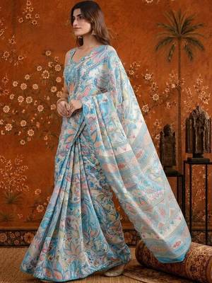 Blue floral mirror work satin saree 3
