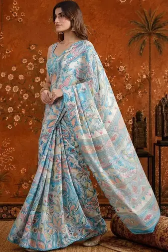 Blue floral mirror work satin saree