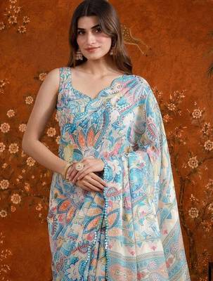 Blue floral mirror work satin saree 4