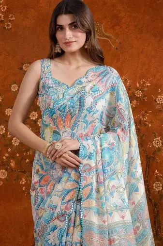 Blue floral mirror work satin saree