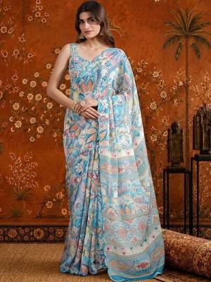 Blue floral mirror work satin saree 5