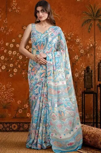 Blue floral mirror work satin saree