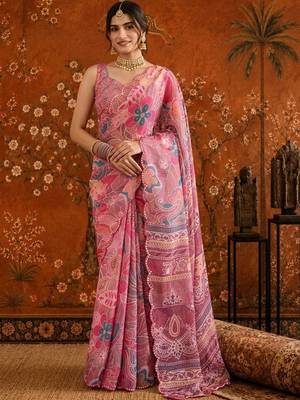 Pink floral mirror work satin saree 1