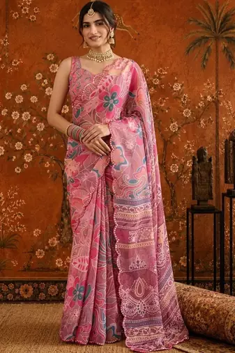 Pink floral mirror work satin saree
