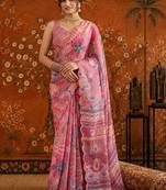 Pink floral mirror work satin saree