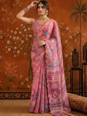 Pink floral mirror work satin saree 2