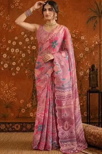 Pink floral mirror work satin saree