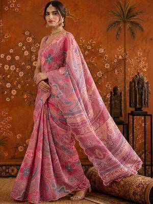 Pink floral mirror work satin saree 3