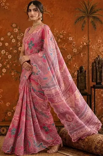 Pink floral mirror work satin saree