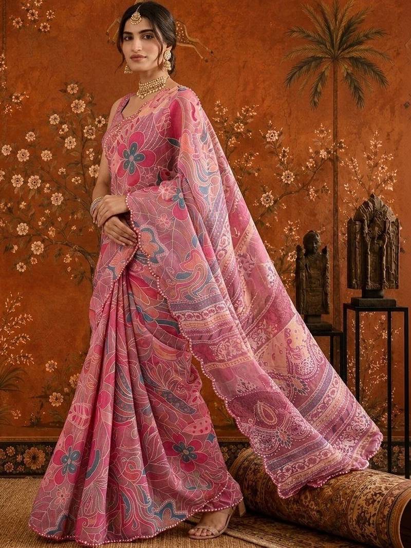 Pink floral mirror work satin saree