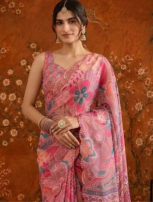 Pink floral mirror work satin saree 4