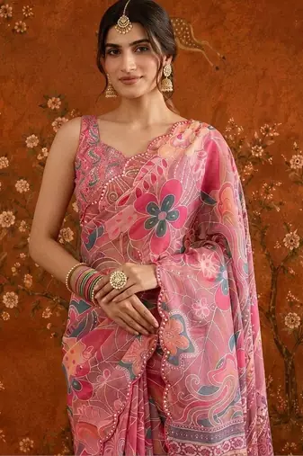 Pink floral mirror work satin saree
