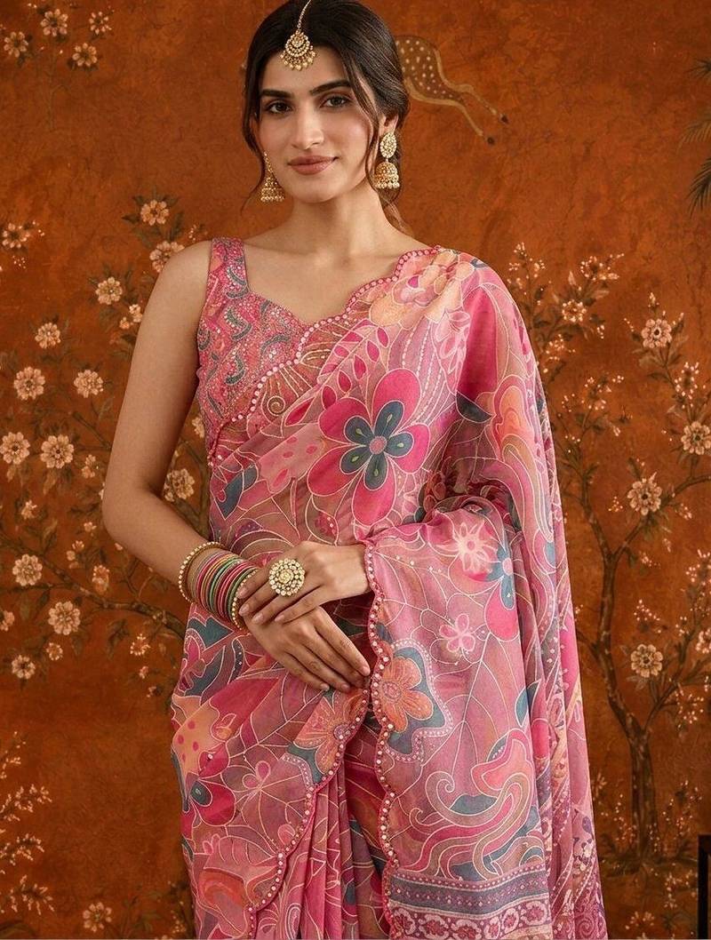 Pink floral mirror work satin saree