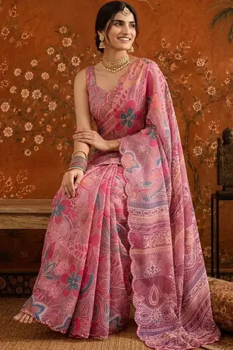 Pink floral mirror work satin saree