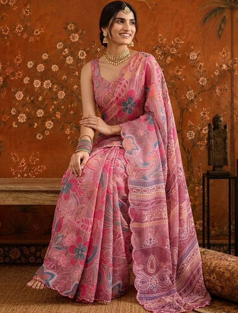 Pink floral mirror work satin saree