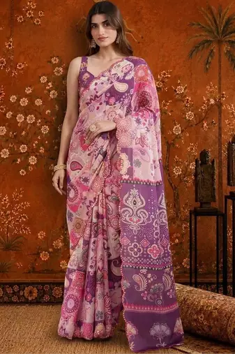 Multicolor paisley mirror work satin saree