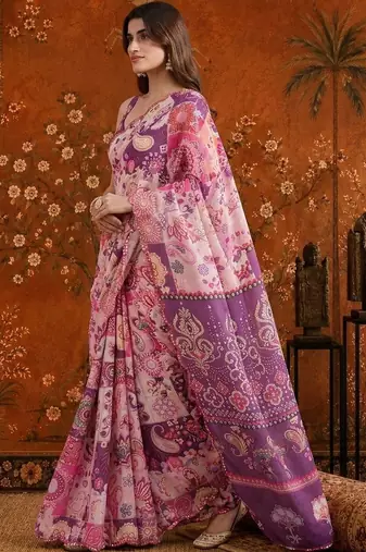 Multicolor paisley mirror work satin saree